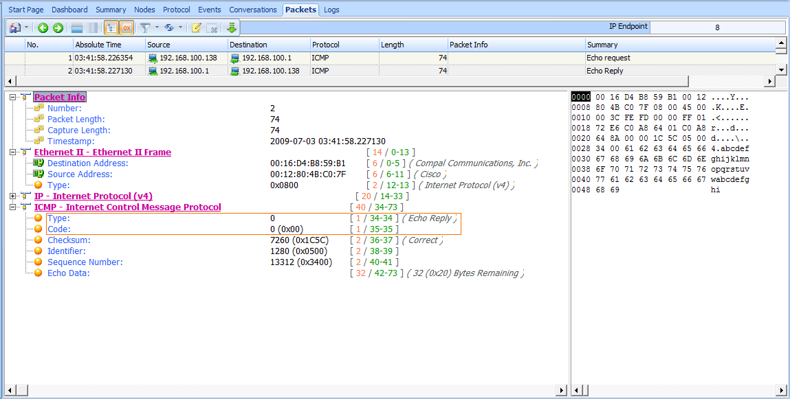 The ICMP echo reply packet